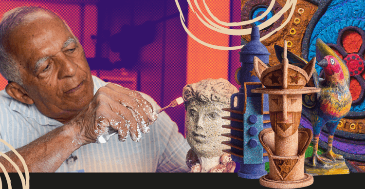 Foto de uma mesa com objetos criados a partir de reclicagem.